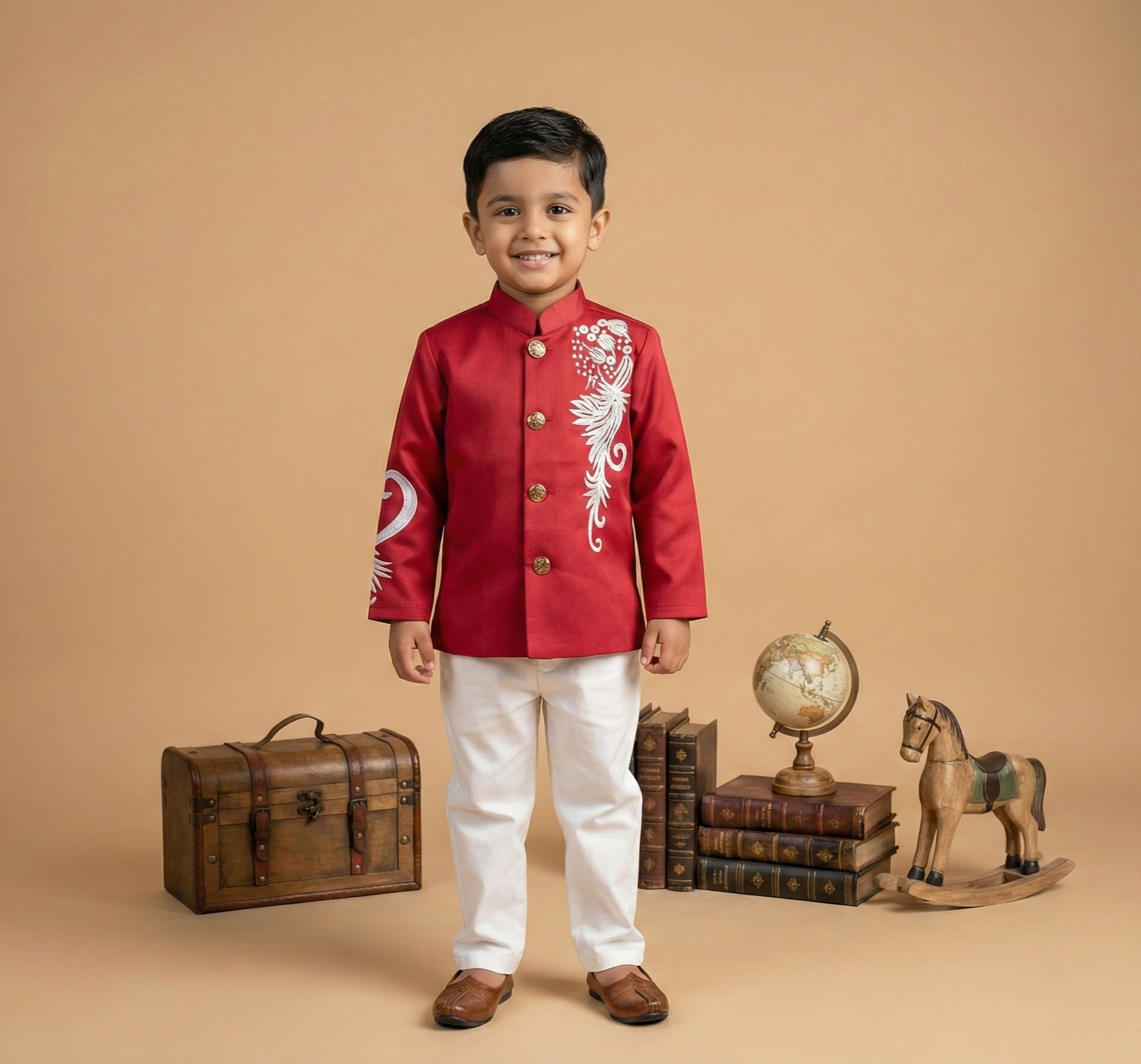 Marun Prince coat & White Pant Set Leaf Design