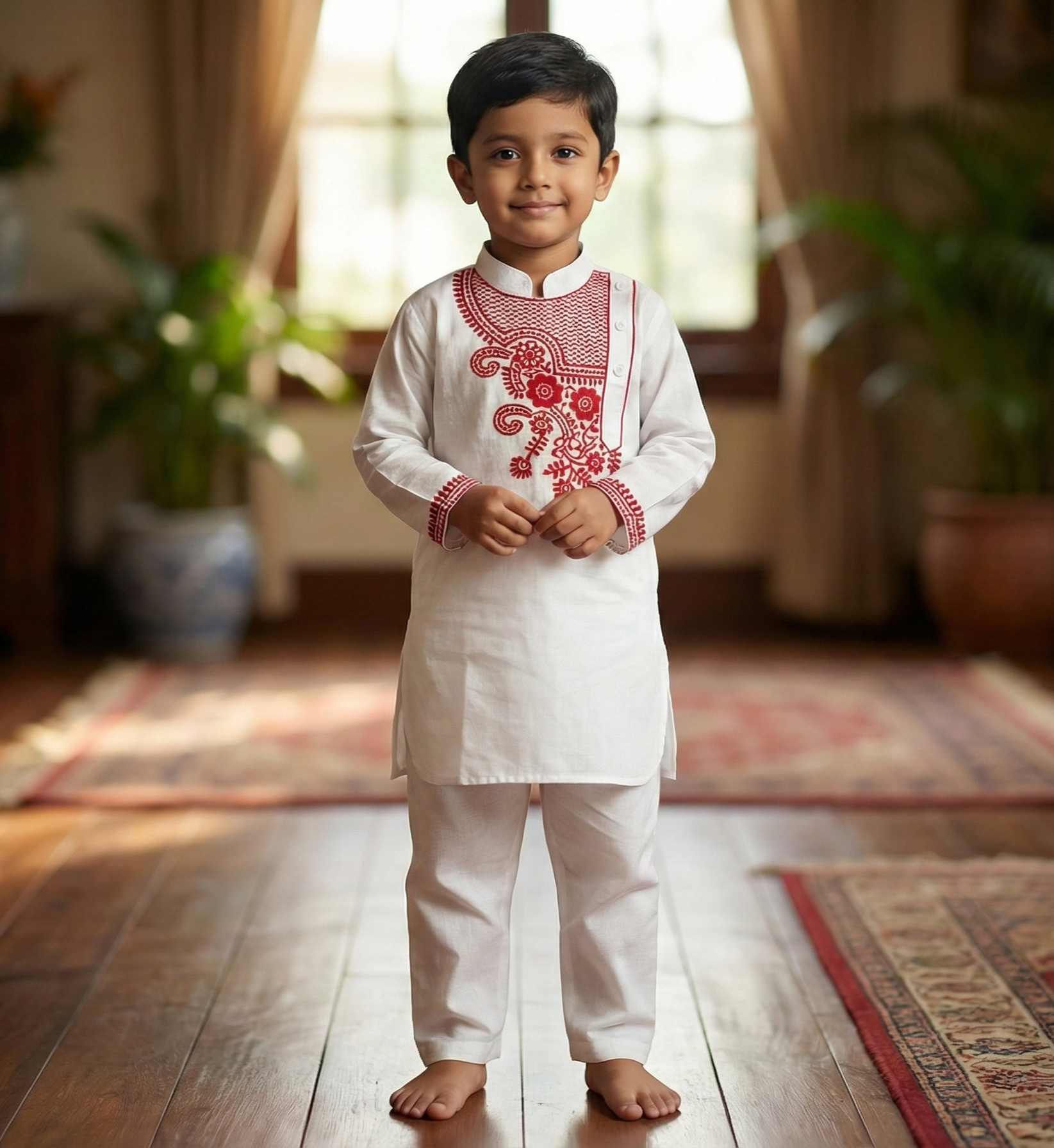Kids White Panjabi & White  Pajama Set – ১ ০ ০ % সুতি কাপড় ( স্ল্যাব কটন )